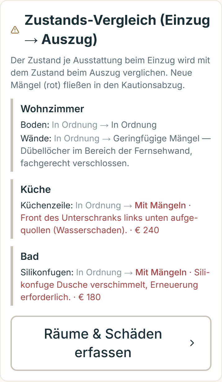 App-Ansicht Zustands-Vergleich, Einzug zu Auszug. Wohnzimmer: Boden in Ordnung zu in Ordnung, Wände in Ordnung zu geringfügige Mängel. Küche: Küchenzeile in Ordnung zu mit Mängeln, 240 Euro. Bad: Silikonfugen in Ordnung zu mit Mängeln, 180 Euro.